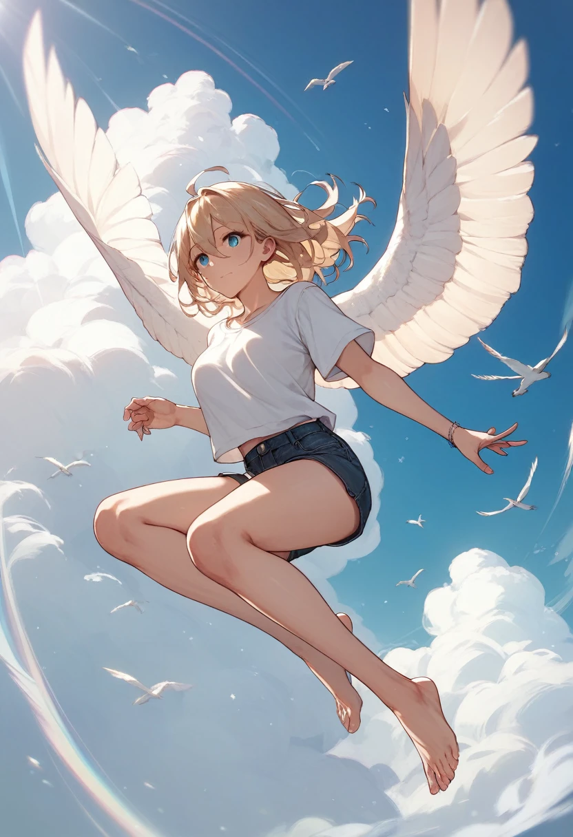 high resolution、Tabletop、((Beautiful girl flying in the sky))、Summer sky、To the Cloud、Cumulonimbus、White shirt、Hair between the eyes、