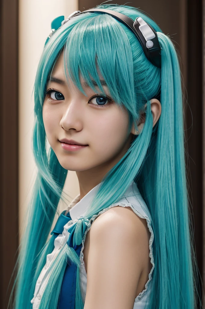 A photograph of hatsune miku, no mask, 20 yo, handsome, средняя грудь,худая,detailed face, looking at camera, portrait, 8k uhd, high quality