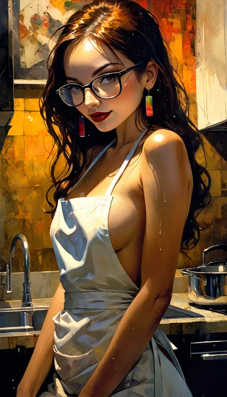 very sexy girl, long straight brown hair, colorful earrings, big square glasses, wearing only a kitchen apron, in the kitchen, small breasts, smiles, adorable, fucking a guy, ✨🤟😁🤗😍😆👍🙌✨👩‍👩‍👦‍👦sex sex sex wet wet ✨✨ ❗ 🙏😁❤ penetration, hard, perfect ass, oil painting, chiaroscuro, sensual and dramatic lighting, melancholic atmosphere, photorealistic, intricate details, masterpiece, ultra detailed, high quality, 8k, best quality, realistic, cinematic, dark and moody, expressionistic, powerful composition, emotional impact, art inspired by Bill Sienkiewicz
