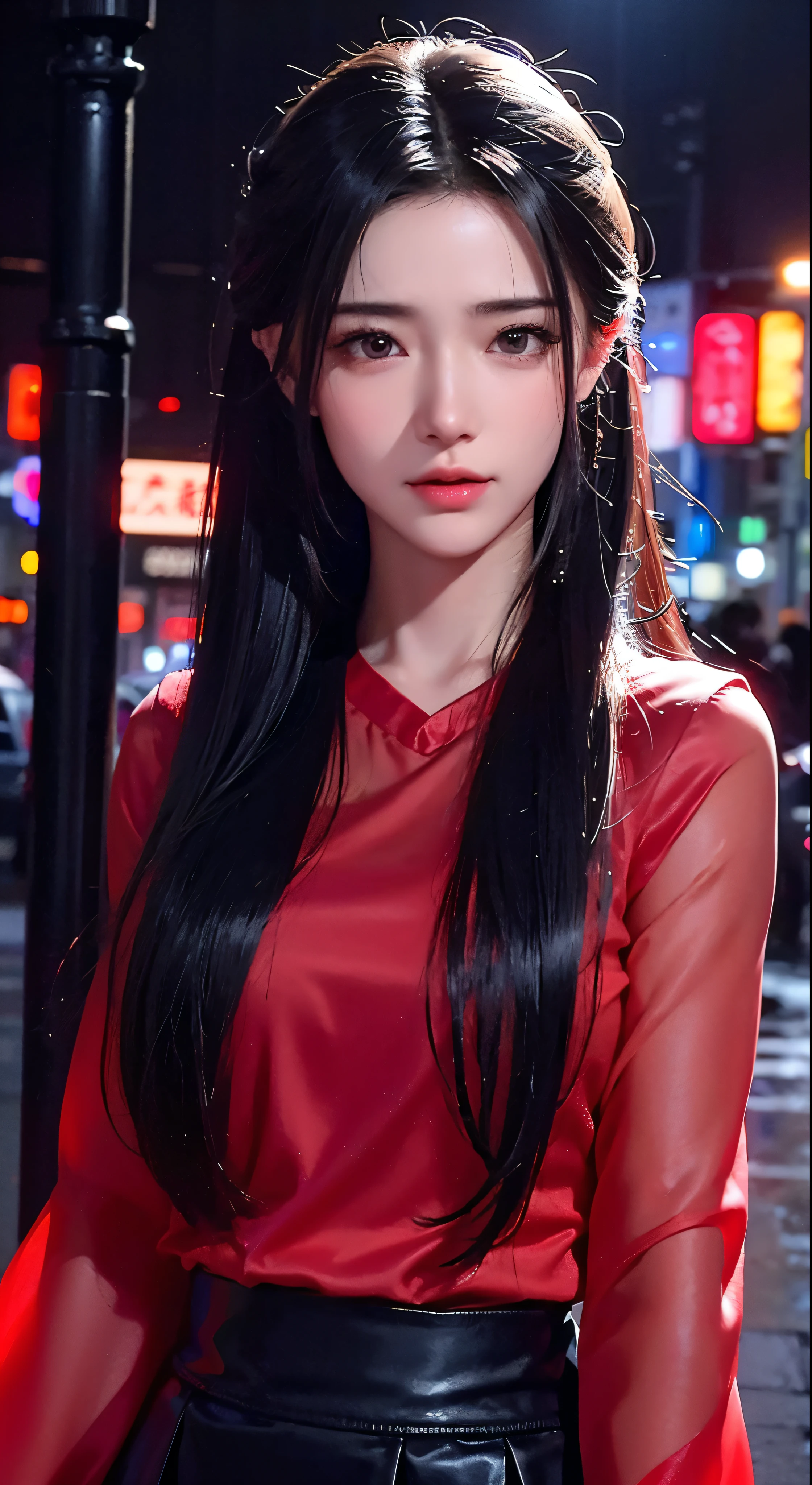 with high definition images，8k、RAW Photos、Highest quality、masterpiece:1.2)　(Realistic、Photorealistic:1.37)　Tokyo Streets、night、rain、Wet、Streetscape、night、Cyberpunk City、Soft Light、1 Girl、Very beautiful face、bust、Put your hands down、Random hairstyle、Random hair color、Facial details，Random facial expressions、　Red shirt and black mini skirt，Full body high quality images