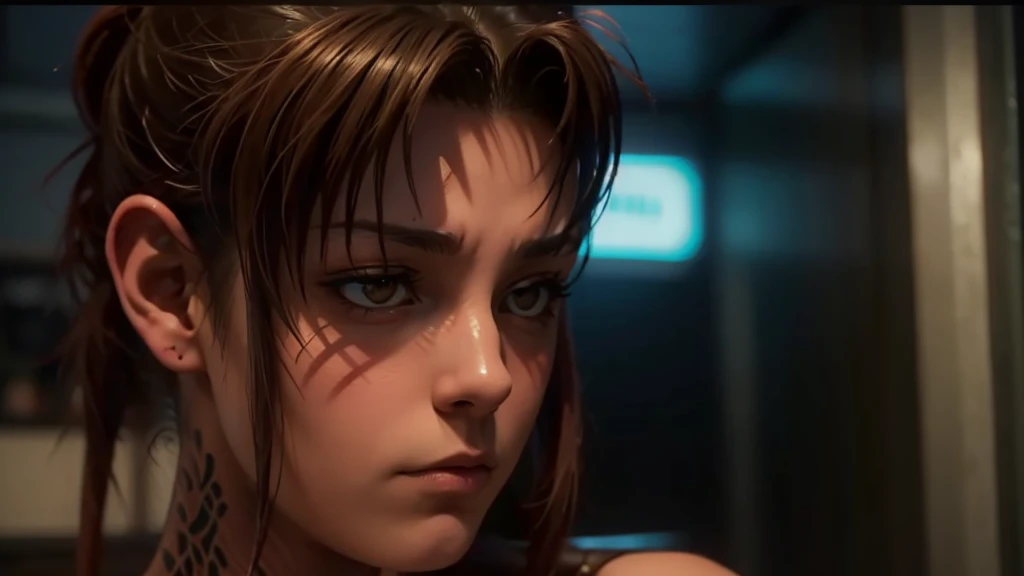 Revy from black lagoon, nude, neon lights, The artwork is rendered in an edgy and realistic style, with high attention to detail and sharp focus. The colors are vivid and contrasted, with a slight desaturation to create a moody atmosphere. shadowy highlights enhancing the overall composition. The medium used is a digital illustration, with a touch of photo-realistic elements to add depth and texture to the image. The final result is a masterpiece in ultra-high resolution,