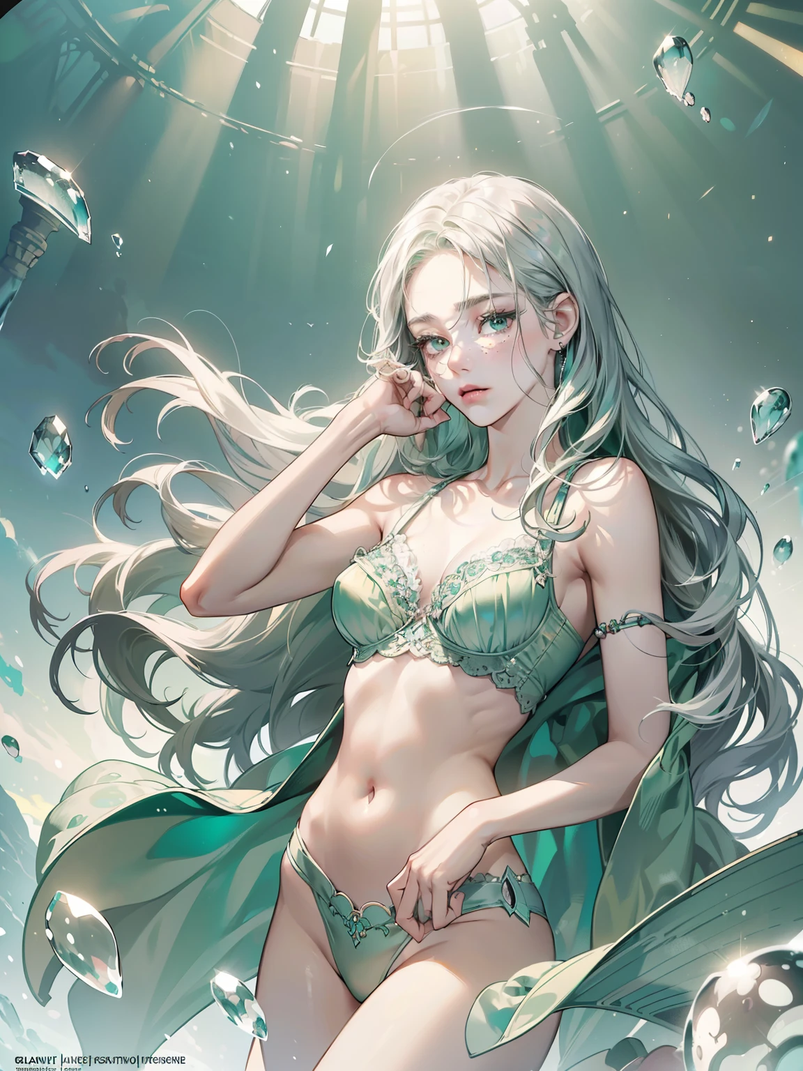 ((dark fantasy)), ((wavy hair, silver hair color, pale skin),(((green aquamarine eyes))), freckles, warm light,( ),busty,Glamour,Gorgeous,monochromes,erotic posing,Dynamic Posing,Arrange Pose,Dramatic,Cinematic,Detailed background, Dynamic Angle,From the angle of the film,Gothic background, Dark fantastic view,Best Quality,masutepiece,8K,The ultimate detailed dark background, Top image quality、RAW photography、超A high resolution,cropped shoulders, overall look is very erotic、Shot for one person only, model shoot, Large round chest, Beautiful Eyes of Details、Very slender eyes、Beautiful eyelashes、Very slim physique, with blush cheeks,Pearl Beaded Bralet Top, ((pearl glass top)), ((bra of clear glass))