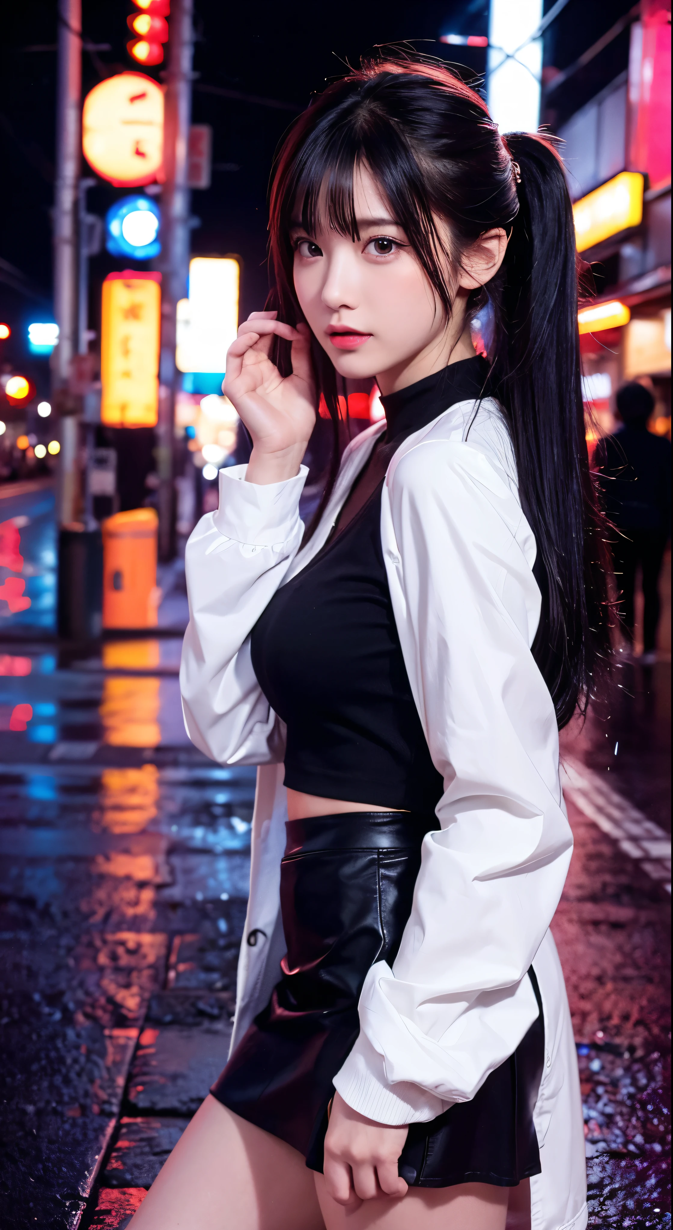 with high definition images，8k、RAW Photos、Highest quality、masterpiece:1.2)　(Realistic、Photorealistic:1.37)　Tokyo Streets、night、rain、Wet、Streetscape、night、Cyberpunk City、Soft Light、1 Girl、Very beautiful face、bust、Put your hands down、Random hairstyle、Random hair color、Facial details，Random facial expressions、　White coat, black shirt and black mini skirt，Full body high quality images