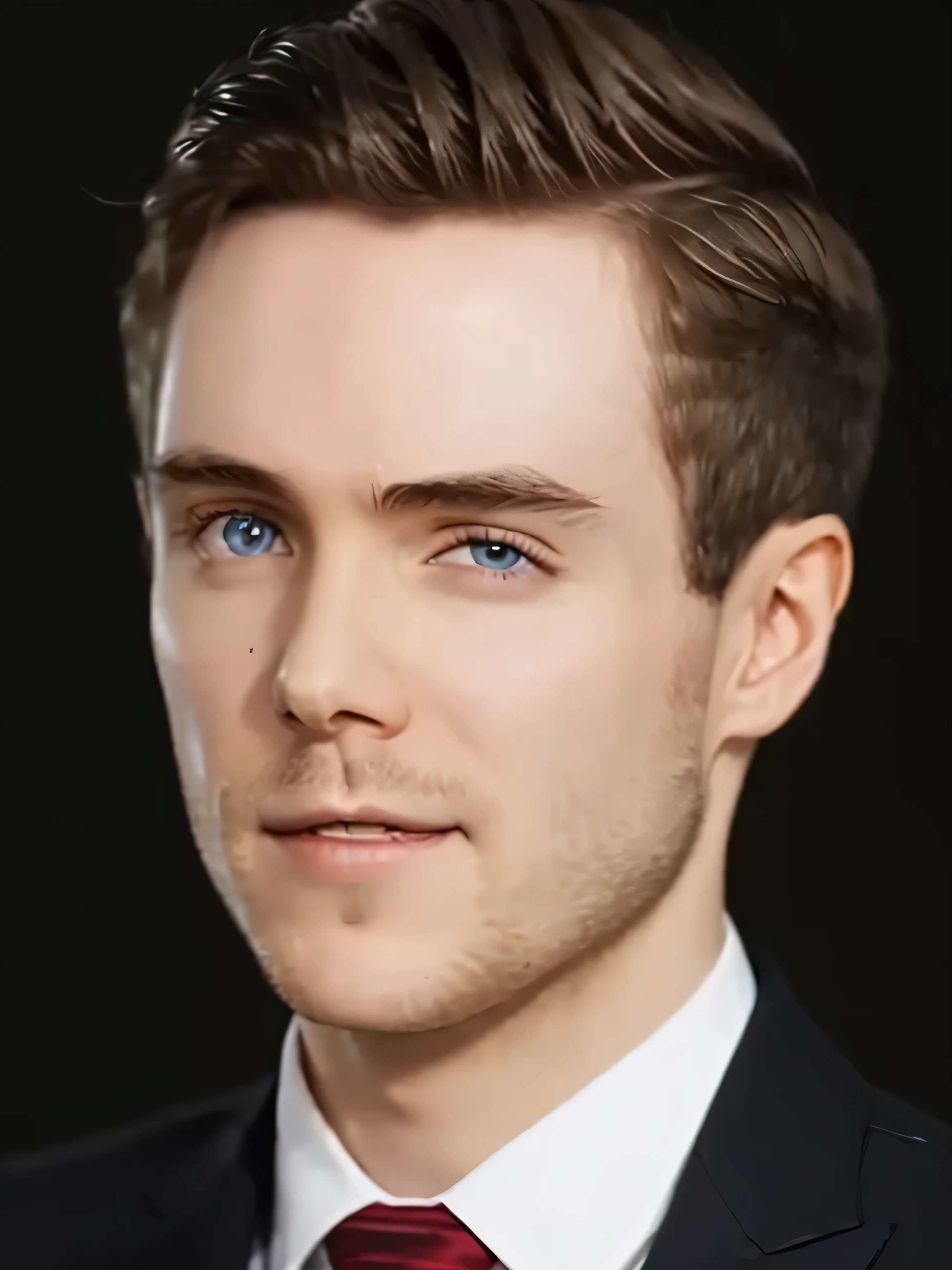 thoughty2, masterpiece, best quality, vibrant color, realistic, photorealistic, sharp focus, black gradient background, professional headshot, 1boy, 30 year-old male, upper body, detailed face, handsome, perfect face, piercing blue eyes, smile, black suit jacket, red necktie, white button-up shirt