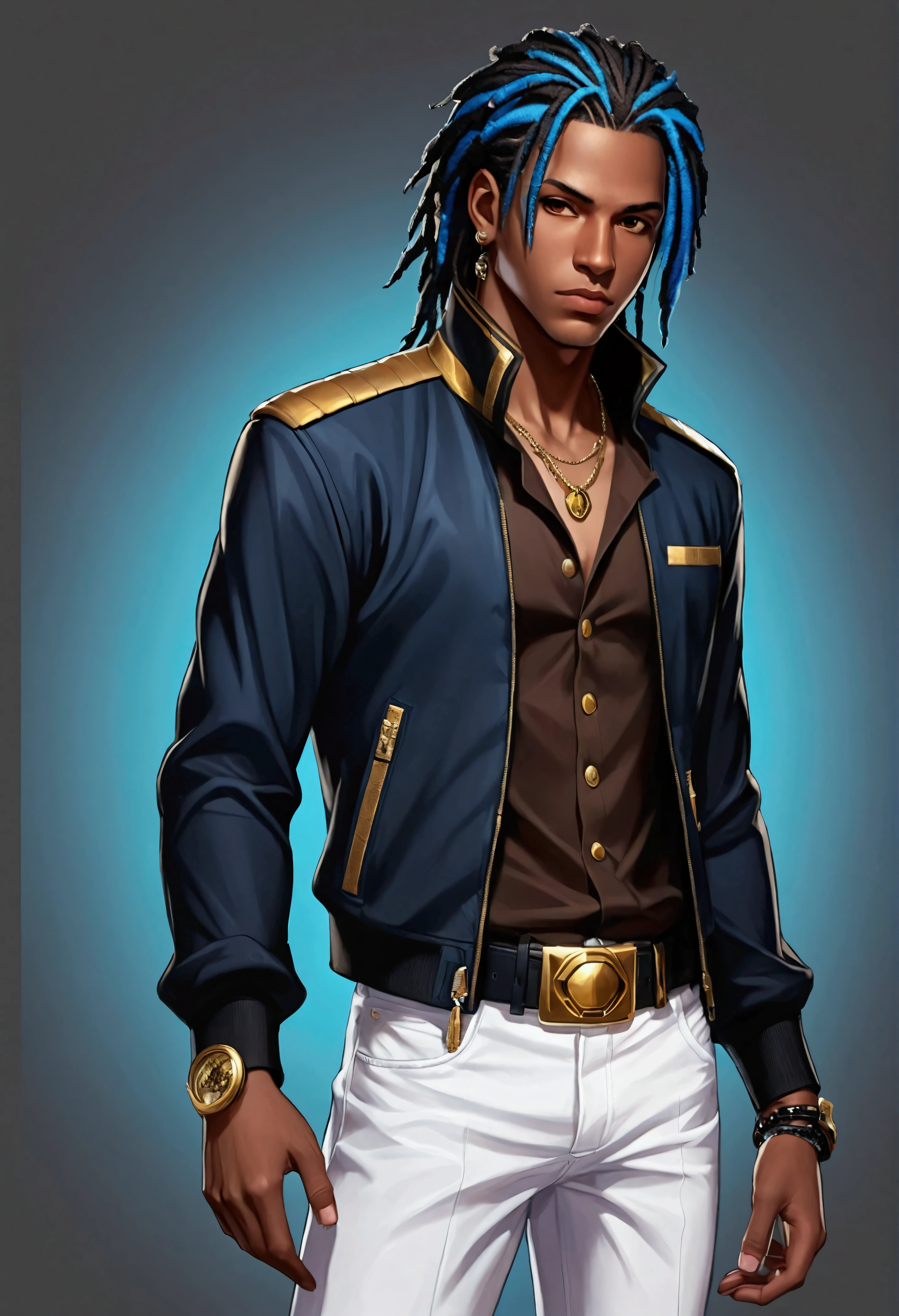 Dark-skinned young man with brown eyes and a black jacket., Blue dreadlocks, Hairstyle with dreadlocks, in human style, colorful sketch, unrealistic character concept, Conceptual portrait of my character, подробный character portrait, anime style character, anime style portrait, character portrait, cel - shaded art style, Her outfit consists of black, unbuttoned jacket with gold buttons on the front and bottom of the sleeves, he wears a white V-neck shirt., White pants, large black belt with gold buckle, smaller black belt, hanging from the side of her hip, and he's wearing beige shoes with black buckles, вдохновение King of Fighters