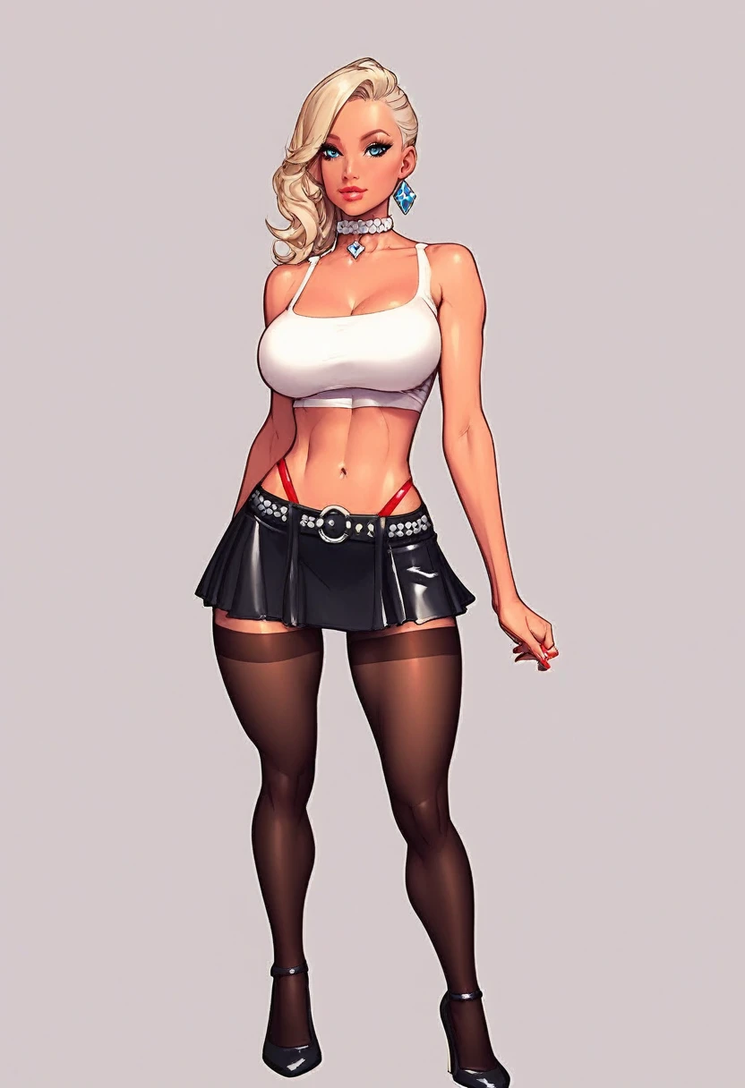 score_9, score_8_up, score_7_up, score_6_up, score_5_up, score_4_up, comic art illustration, BREAK; blonde 22 yo hottie, (asymmetrical hair-length bob haircut), platinum blonde hair, diamond earrings, diamond choker, braless see-through cropped top, large natural breasts, (sexy belt (tight) (black mini micro-skirt)), red highleg-thong cameltoe, (black tights); posing, toned thighs and legs; beach background; intricate details, detailed eyes, rating_adult, score_9, score_8_up, score_7_up