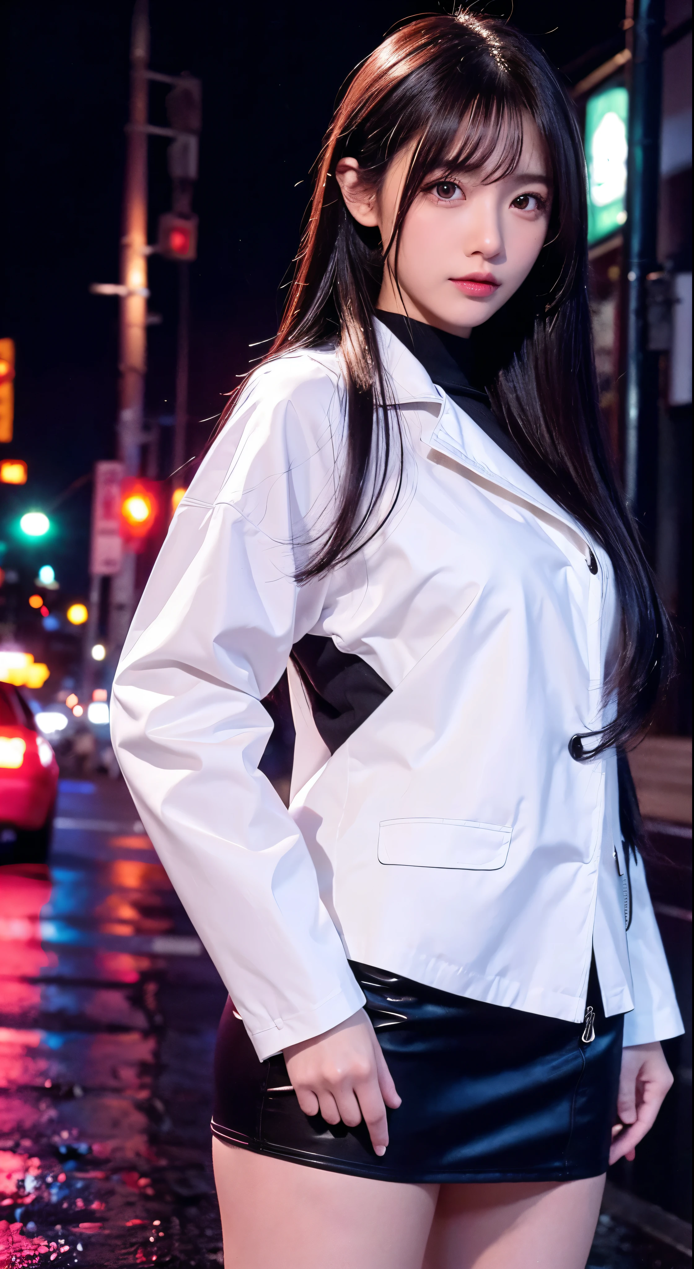 with high definition images，8k、RAW Photos、Highest quality、masterpiece:1.2)　(Realistic、Photorealistic:1.37)　Tokyo Streets、night、rain、Wet、Streetscape、night、Cyberpunk City、Soft Light、1 Girl、Very beautiful face、bust、Put your hands down、Random hairstyle、Random hair color、Facial details，Random facial expressions、　White coat, black shirt and black mini skirt，Full body high quality images