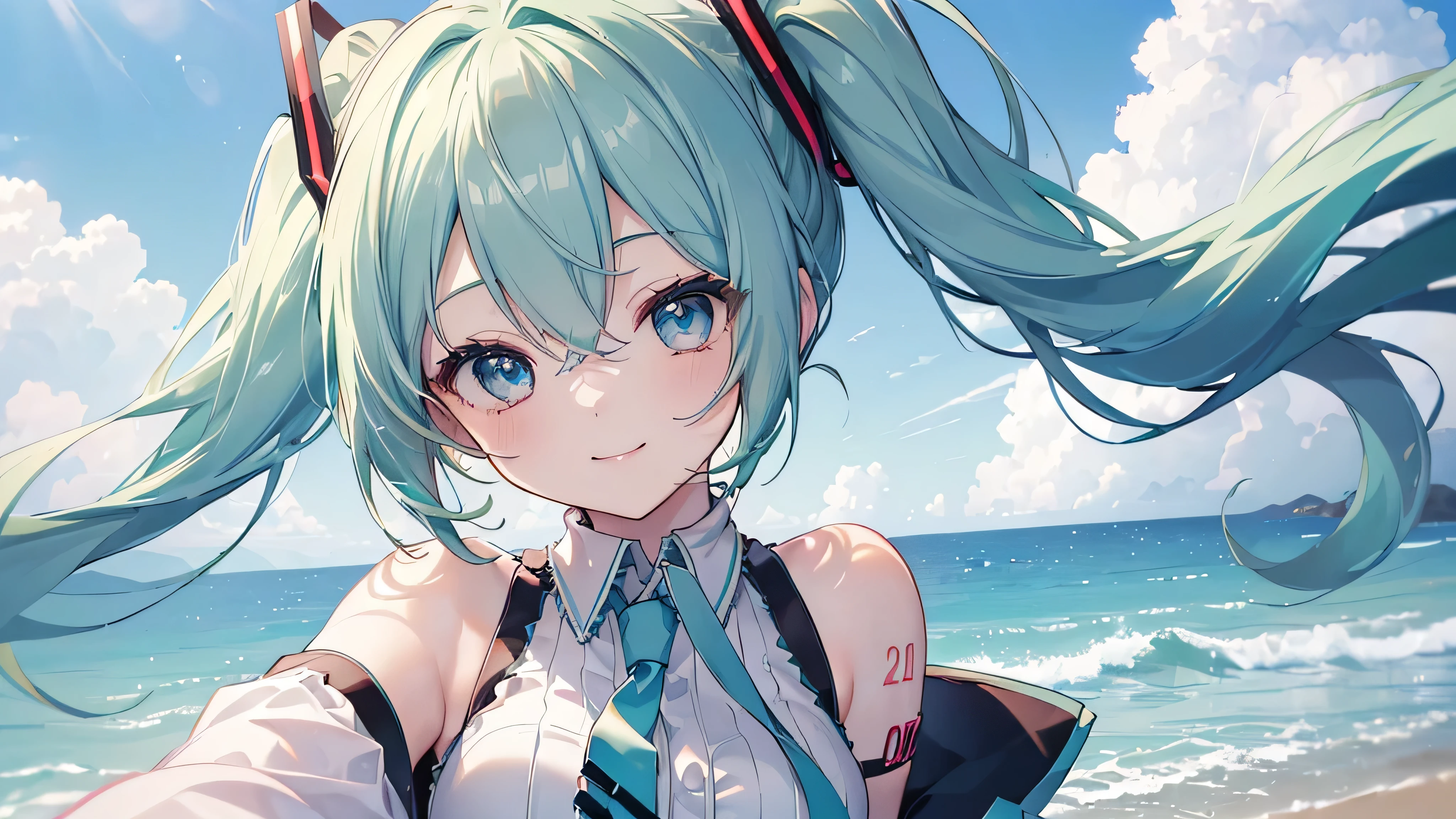 (((Highest quality、masterpiece、Ultra-fine、Ultra-fine、Green Hair,Exquisite、16K、,The best smile,Full HD、Asahi、Top view,hatsune miku,))), ((Bun Hair,buzzer,White casual clothes,)))Blue eyes、Long eyelashes、White skin、(Pale pink lips、Pale pink cheeks、thin and long)、 (((cute,The best smile)), ((one person)) 、(blue sky)) 、 (強い日差しに目を細めながら blue skyの下で広がるbuzzerの景色)、