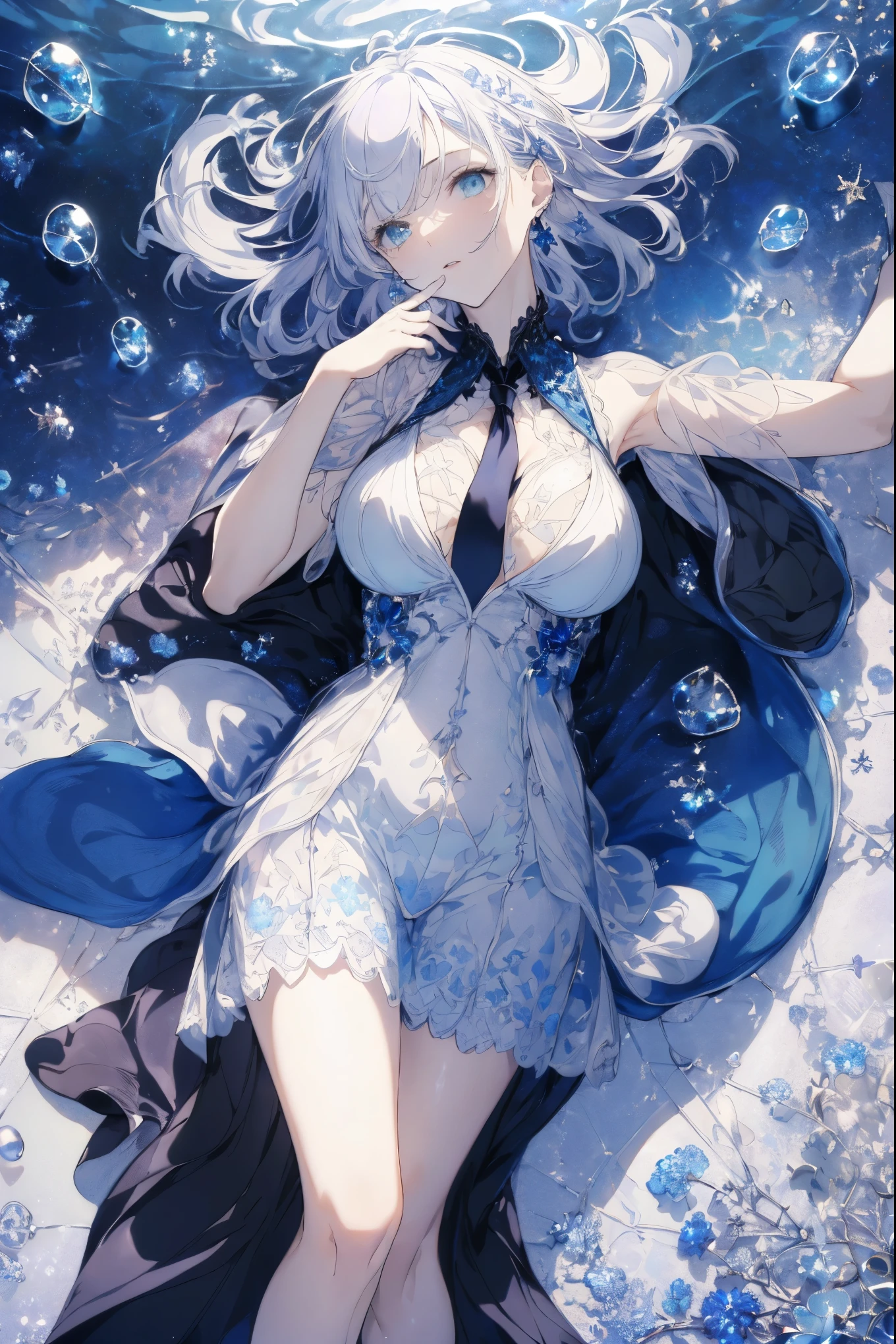 (summer clothing photo:1.1, in blue waterfront:1.5), Masterpiece, best quality, (very detailed CG unity 8k wallpaper), (best quality), High definition RAW color art, Animation,sculptures, (black Marble Skin), (((Ultra detailed elegant))), Magical atmosphere, Detailed skin, Texture,(Intricately detailed, Fine detail, ultra-detail art), depth of fields, bokeh, Silky Touch, Hyper Detail, beautiful eyes, Elegant Face, (lying on white glass floor), sparkle background, enormous :1.3, (silver hair), pastel purple, embarrassing face, short hair, necktie