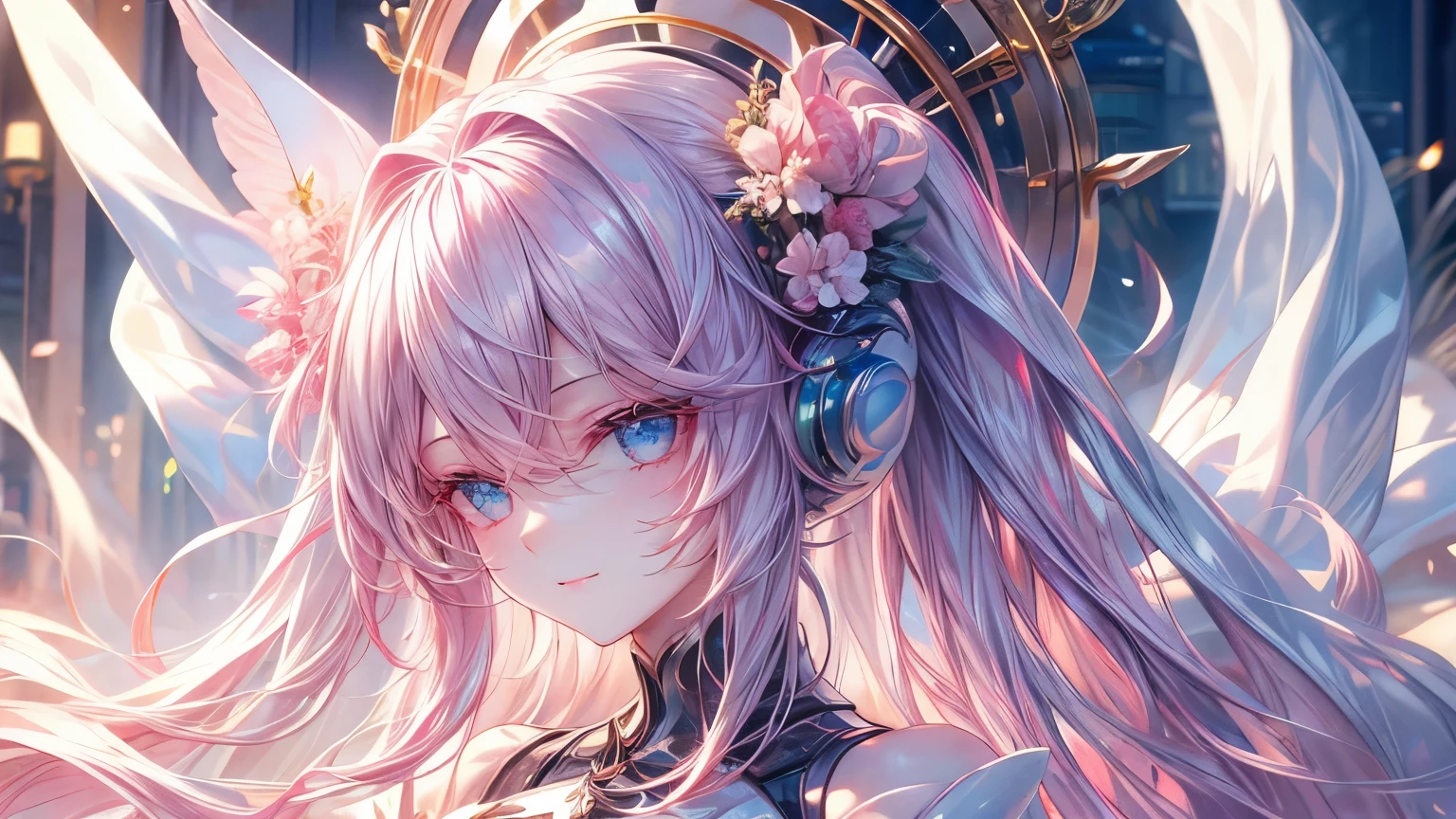 Masterpiece、Pink Hair、Delicate eyes、smile、Tied up hair、Beautiful hair ornament、Upper Body、night、Ocean