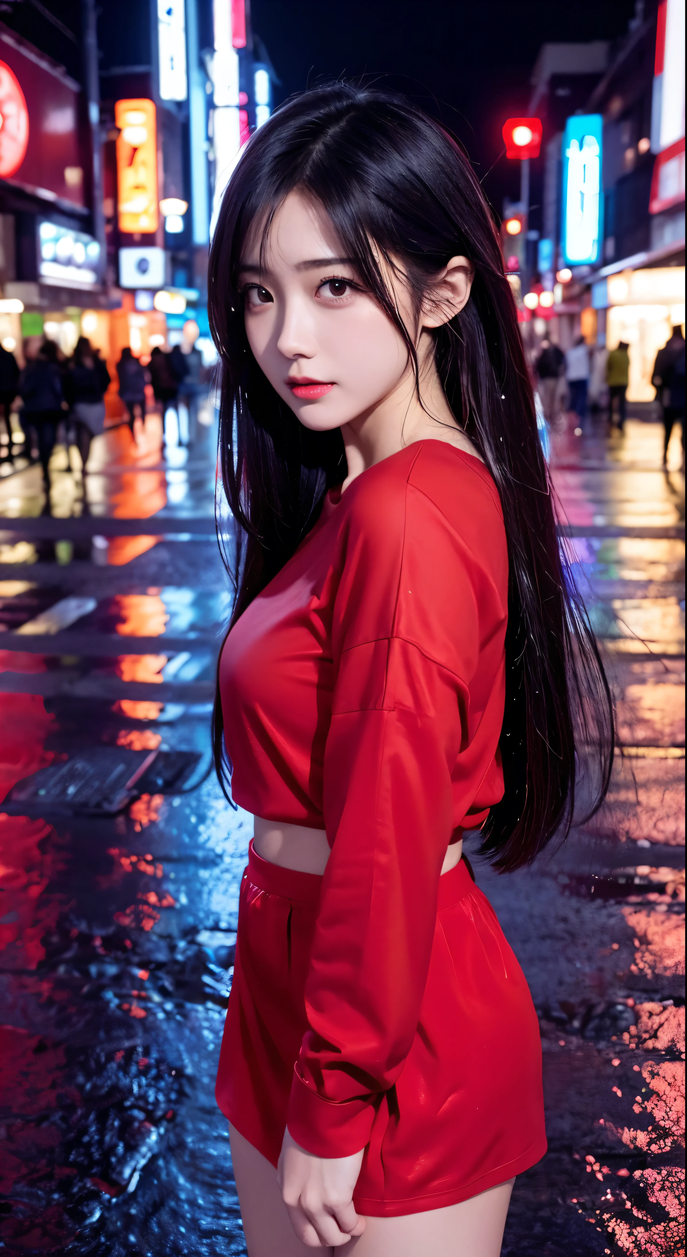 with high definition images，8k、RAW Photos、Highest quality、masterpiece:1.2)　(Realistic、Photorealistic:1.37)　Tokyo Streets、night、rain、Wet、Streetscape、night、Cyberpunk City、Soft Light、1 Girl、Very beautiful face、bust、Put your hands down、Random hairstyle、Random hair color、Facial details，Random facial expressions、　Red shirt and black mini skirt，Full body high quality images