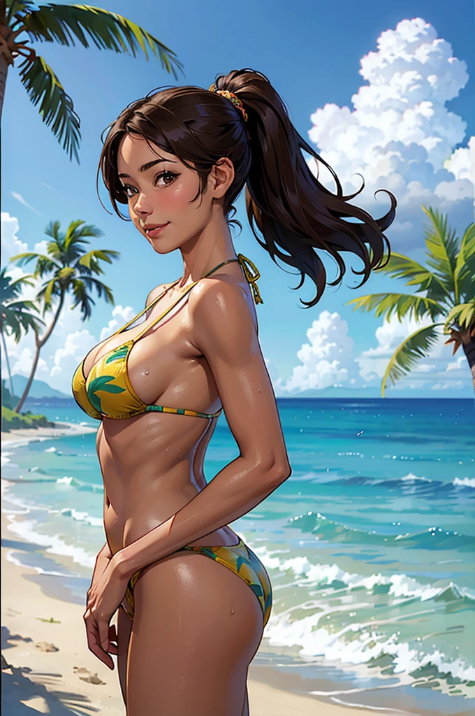 ((highest quality, masterpiece, High resolution)), ((reality)),Photos of beautiful Japanese women,((anime art))、 (((1 girl))), normal size breasts, slim body shape, long ponytail,double eyelid, Wet see-through micro bikini, A pareo with bold ethnic patterns and plenty of primary colors、(Brown skin:1.4),realistic skin、Wet,whole body,cinematic light、tropical、Against the background of palm trees on both sides、on a sunny beach、With the sea in the background、blur background、smile