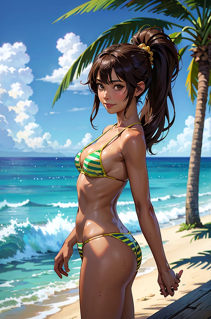 ((highest quality, masterpiece, High resolution)), ((reality)),Photos of beautiful Japanese women,((anime art))、 (((1 girl))), normal size breasts, slim body shape, long ponytail,double eyelid, Wet see-through micro bikini, A pareo with bold ethnic patterns and plenty of primary colors、(Brown skin:1.4),realistic skin、Wet,whole body,cinematic light、tropical、Against the background of palm trees on both sides、on a sunny beach、With the sea in the background、blur background、smile