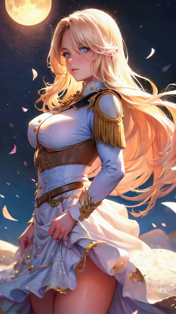 realistic, 1girl, Accent lighting, brightness, masterpiece, best quality, 1 stunning girl, long blonde wavy hair, blue eyes, sexy equestrian uniform, (masterpiece:1.4), best quality, ((realistic)), high quality, ultra detailed, (illustration:1.05), (beautiful:1.05), (beautiful detailed eyes:1.05), (cinematic light:1.1), blush, moon, night, roses, pastel pink, glitter, small breasts, thick thighs, large buttocks