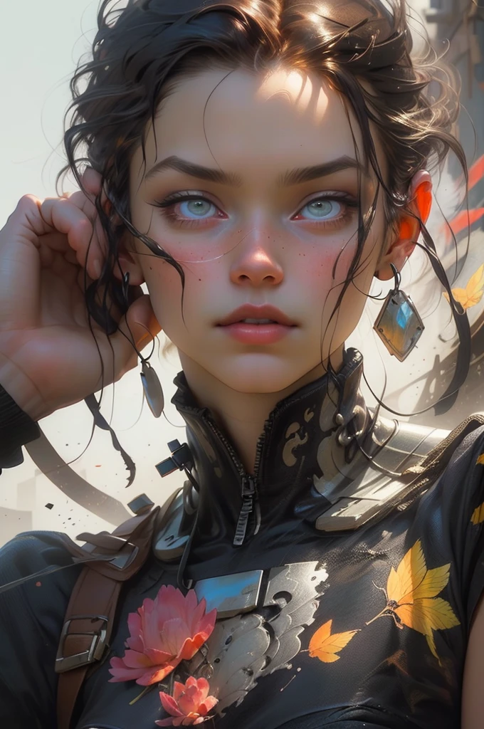 Portrait of a beautiful cyborg with 8k brown hair, intricate, elegant, highly detailed, majestic, digital photography, art by artgerm and Ruan Jia and Greg Rutkowski, surreal painting, golden butterfly filigree, broken glass, (masterpiece, side light, delicate beautiful eyes: 1.2), Human Development Report
