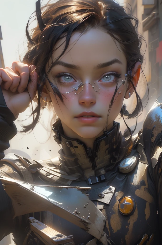 Portrait of a beautiful cyborg with 8k brown hair, intricate, elegant, highly detailed, majestic, digital photography, art by artgerm and Ruan Jia and Greg Rutkowski, surreal painting, golden butterfly filigree, broken glass, (masterpiece, side light, delicate beautiful eyes: 1.2), Human Development Report
