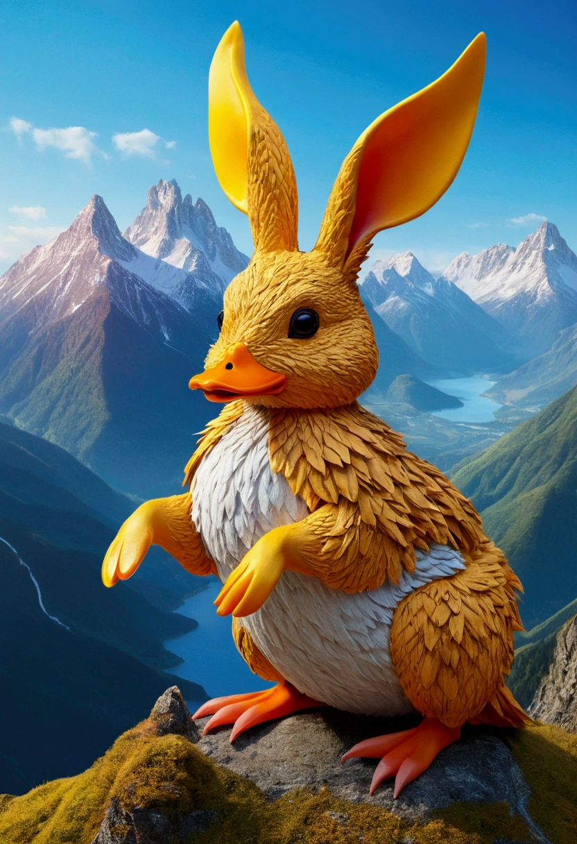 Wolpertinger made of duck + Hase + mouse + in bright colors , Background mountains