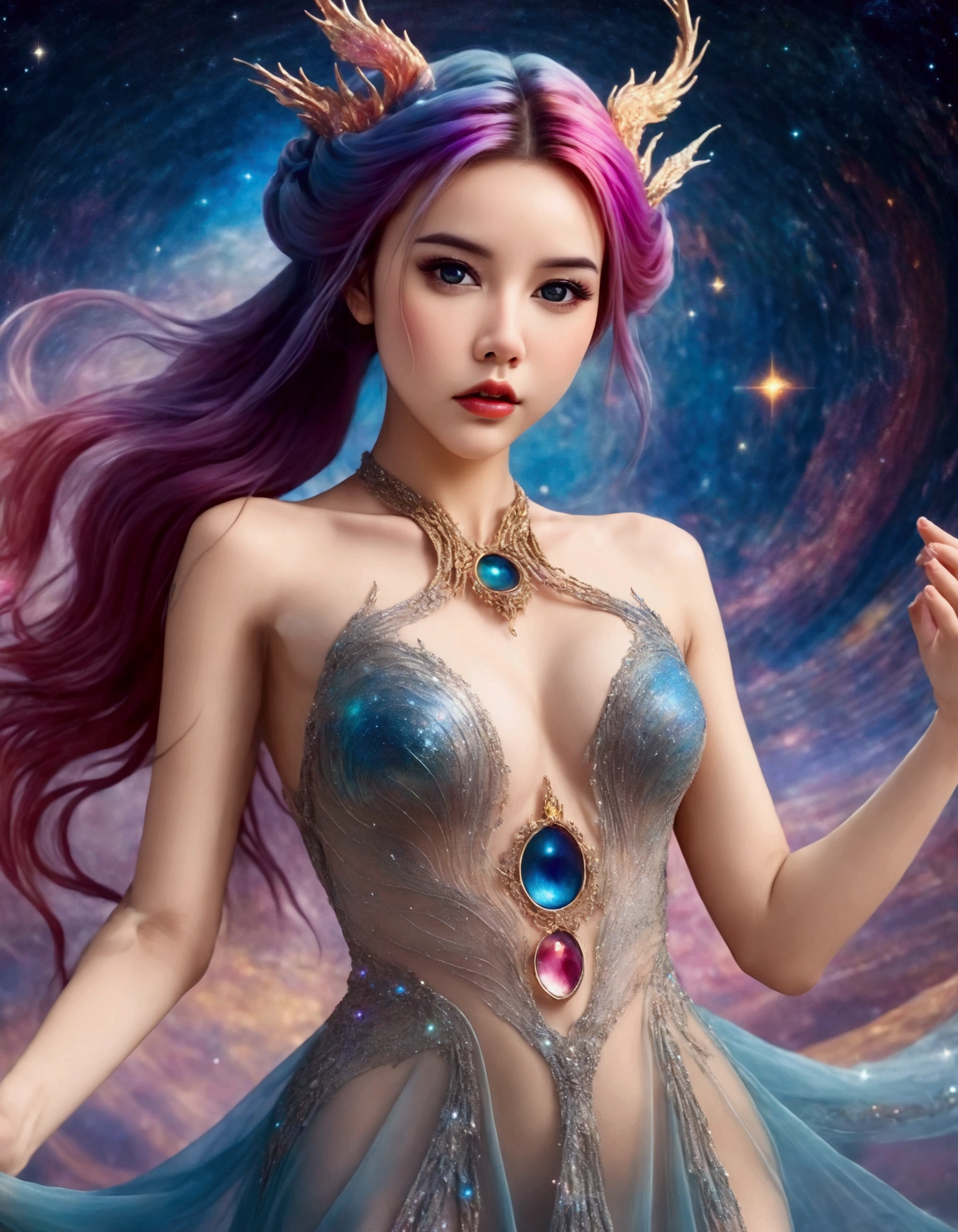 A lovely woman (age 25, sheer airy gown, dragon makeup, big eyes, colorful hair, dancing on a cosmic field of stars, trails of stardust and sparkles