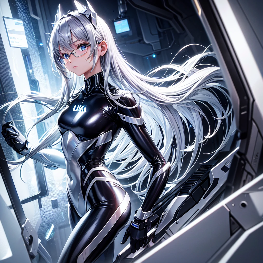 8K Ultra HD、A silver-haired, small-nosed beauty wearing a shiny silver full-body rider suit、A person with glasses standing with their legs apart, facing forward、Wearing a silver metallic rider suit、Upper body close-up