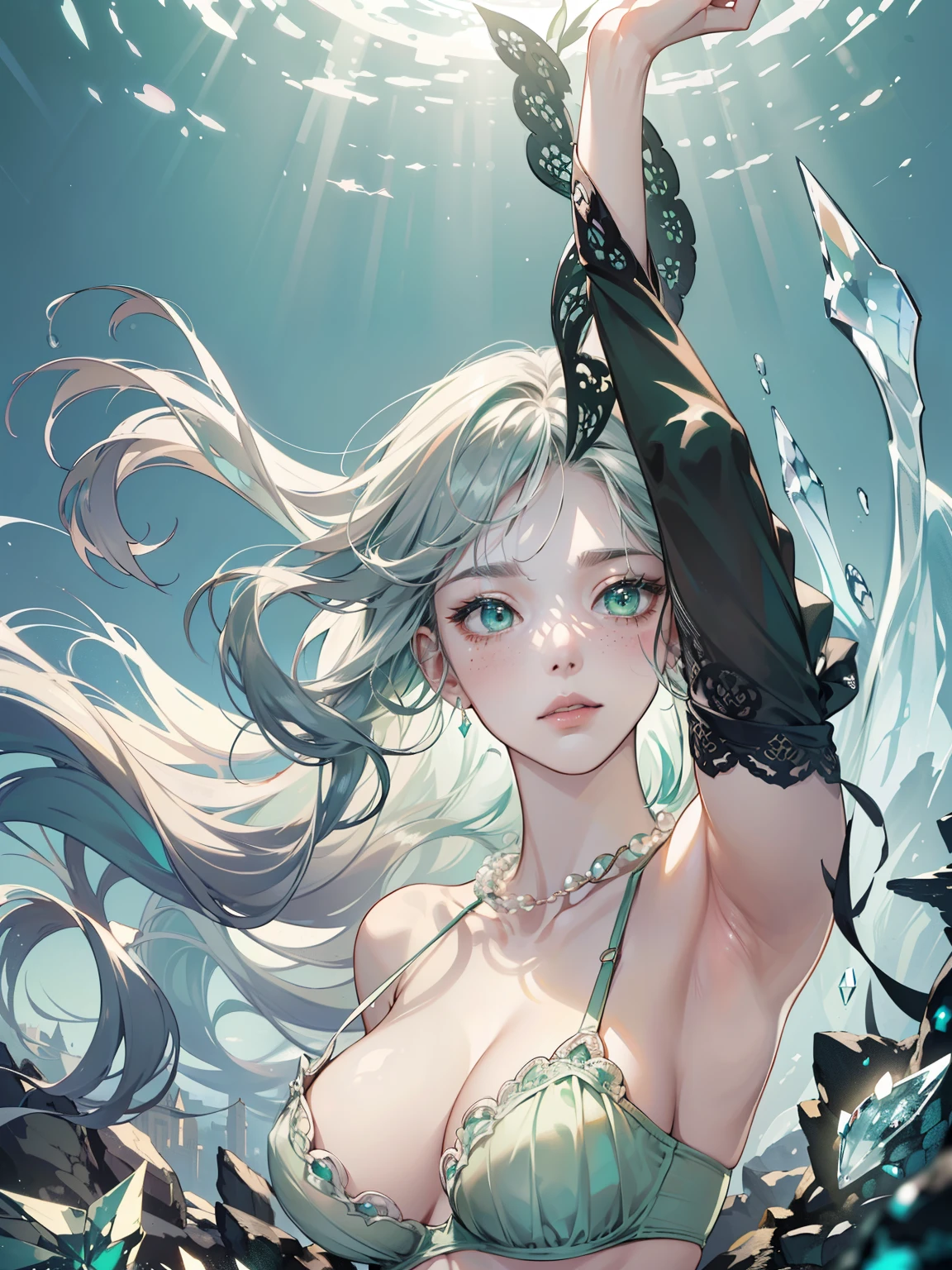 ((dark fantasy)), ((wavy hair, silver hair color, pale skin),(((green aquamarine eyes))), freckles, warm light,( 16 years old),busty,Glamour,Gorgeous,monochromes,erotic posing,Dynamic Posing,Arrange Pose,Dramatic,Cinematic,Detailed background, Dynamic Angle,From the angle of the film,Gothic background, Dark fantastic view,Best Quality,masutepiece,8K,The ultimate detailed dark background, Top image quality、RAW photography、超A high resolution,cropped shoulders, overall look is very erotic、Shot for one person only, model shoot, Large round chest, Beautiful Eyes of Details、Very slender eyes、Beautiful eyelashes、Very slim physique, with blush cheeks,Pearl Beaded Bralet bralette of transparent glass, ((pearl glass top)), ((bra of clear glass)), nsfw