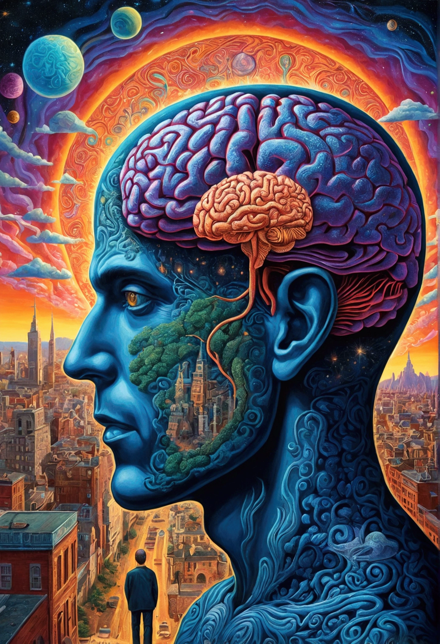 a painting of a man with a brain and a city in the background, psychedelic surreal art, dmt space behind, while tripping on dmt, dmt realm, psychedelic illustration, arte alucinante, consciousness projection, arte dmt, psychedelic artwork, highly detailed visionary art, psychedelic art, It&#39;s a deep dream, dmt visions, hyper-detailed visionary art