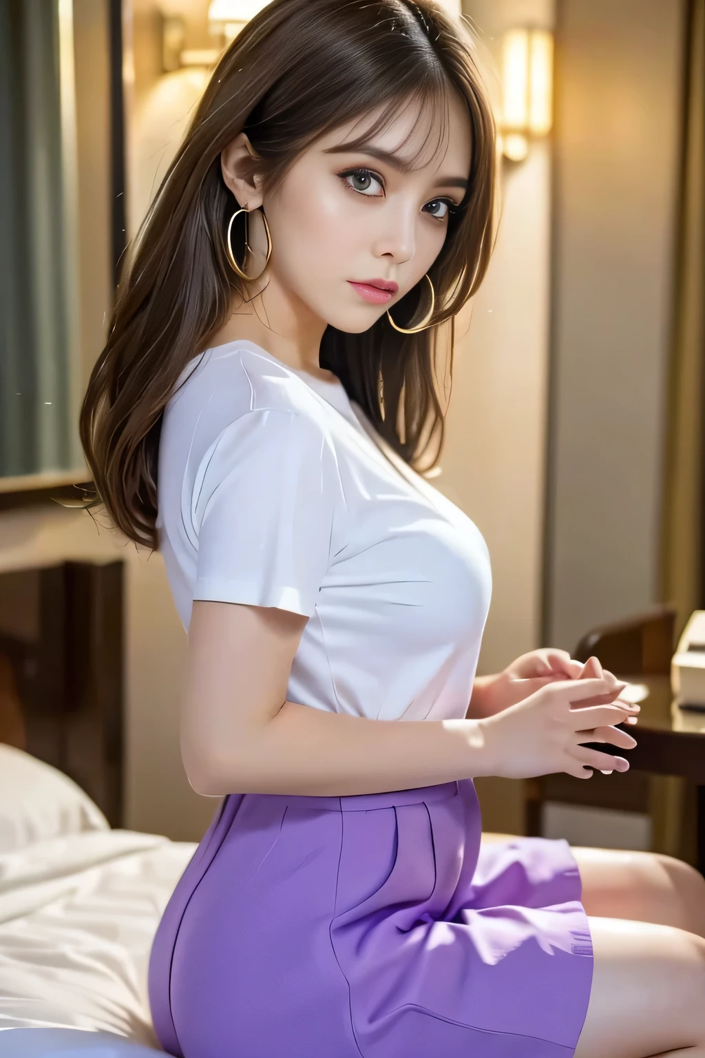 hoop earrings, grimace, ass pov, uhd, anatomically correct, high details, best quality, 8k、One Japanese woman、30 years old、He glares at me with a face full of hatred.、A photo showing your thighs to your head、Thin face、Sitting on a hotel bed looking back、Small breasts、large and shapely buttocks、Lilac long skirt、High heels、Focused eyes、Detailed eyes、Detailed face、Light brown hair、White T-shirt、Brown eyes、Very angry、Symmetrical eyes、