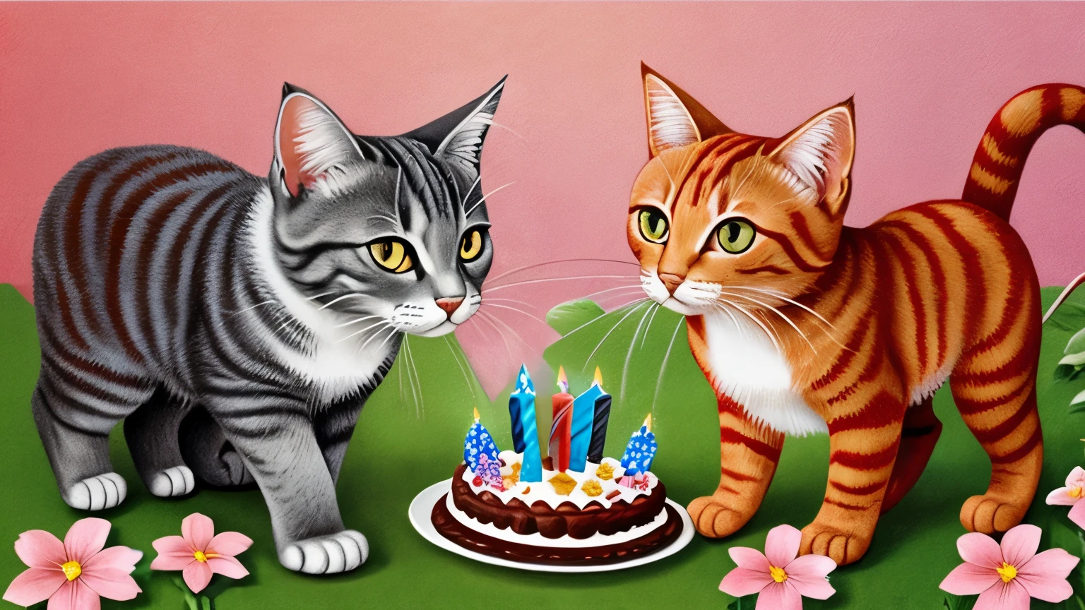 red cat and grey cat carry birthday cake in paws, flowers bckground, realistic picture