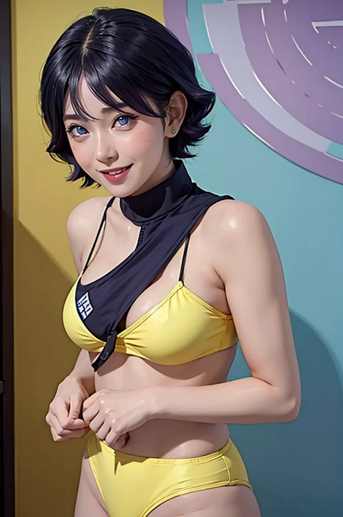 1girl, himawari anime naruto shipudden, short hair , purple hair, blue eyes, beautiful, Yellow microbikini, smile, detail clothes, bedroom background, ultra detail, realistic, standing,