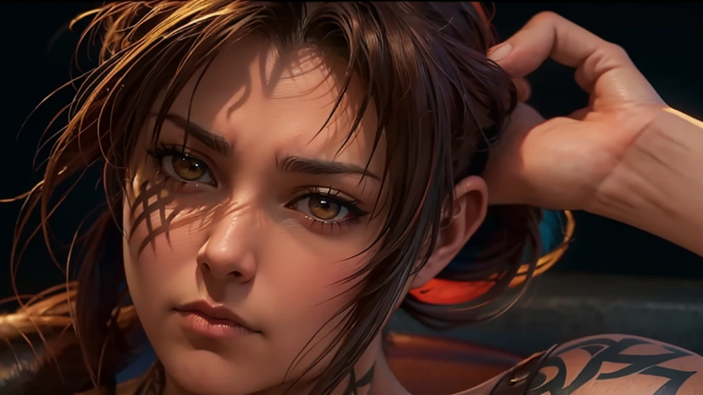 Revy from black lagoon, nude, neon lights, full body, The artwork is rendered in an edgy and realistic style, with high attention to detail and sharp focus. The colors are vivid and contrasted, with a slight desaturation to create a moody atmosphere. shadowy highlights enhancing the overall composition. The medium used is a digital illustration, with a touch of photo-realistic elements to add depth and texture to the image. The final result is a masterpiece in ultra-high resolution,