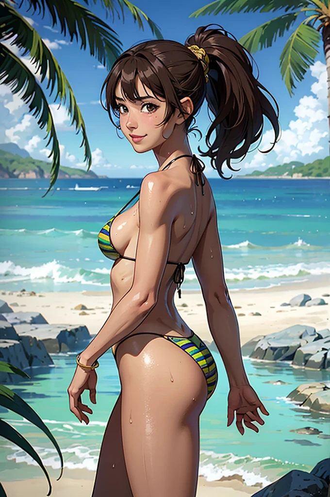 ((highest quality, masterpiece, High resolution)), ((reality)),Photos of beautiful Japanese women,((anime art))、 (((1 girl))), normal size breasts, slim body shape, long ponytail,double eyelid, Wet see-through micro bikini,  A pareo with bold ethnic patterns and plenty of primary colors、(Brown skin:1.4),realistic skin、Wet,whole body,cinematic light、tropical、Against the background of palm trees on both sides、on a sunny beach、With the sea in the background、blur background、smile