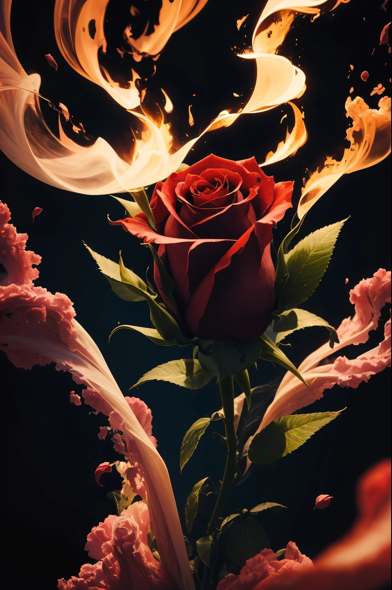 a close up of a red rose with smoke coming out of it, red rose, abstract smokey roses, roses made of colorful smoke, ❤🔥🍄🌪, rose twining, red smoke, rosses, photo of a rose, smoke art, exploding roses, rose, with smoke, red roses, red neon roses, 8k)), red flower