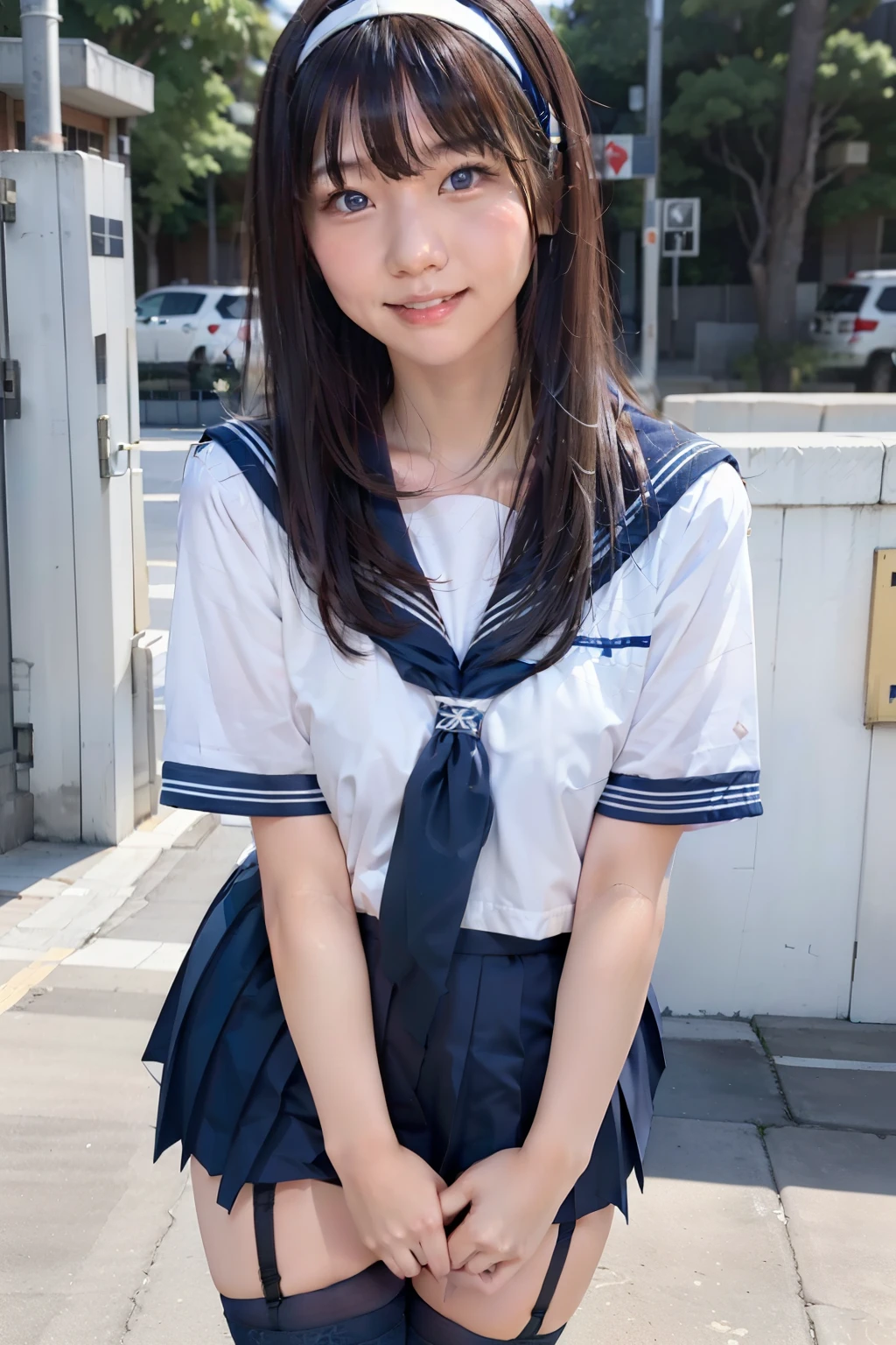 sailor uniform, One Woman, (Beautiful woman, delicate :1.3), Black Hair, Semi-straight hair, Patsun, 8k, Highest quality, masterpiece, Very detailed, Ultra-high resolution, Realistic, RAW Photos, Absolute Resolution, face is small compared to body (4:1), Very small face (4:1), The face is balanced, Black Hair, Navy blue sailor suit, Dark Blue Skirt, High school girl in sailor uniform, Realistic high school girl, (White headband:1.4), Small breasts, expensive, Slanted Eyes, Bright Blue Eyes, (In front of the school gate), (Black Stockings:1.3), (black garter belt:1.3), Open your mouth, smile, stand, School bag on shoulder,