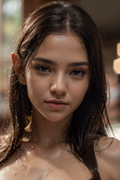 a beautiful 16 year old elf girl, topless, skinny body, flat chest, detailed facial features, detailed eyes and lips, long eyelashes, white skin, wet hair, water droplets, medium shot, (best quality,4k,8k,highres,masterpiece:1.2),ultra-detailed,(realistic,photorealistic,photo-realistic:1.37),HDR,UHD,studio lighting,ultra-fine painting,sharp focus,physically-based rendering,extreme detail description,professional,vivid colors,bokeh,portraits,soft colors,serene atmosphere