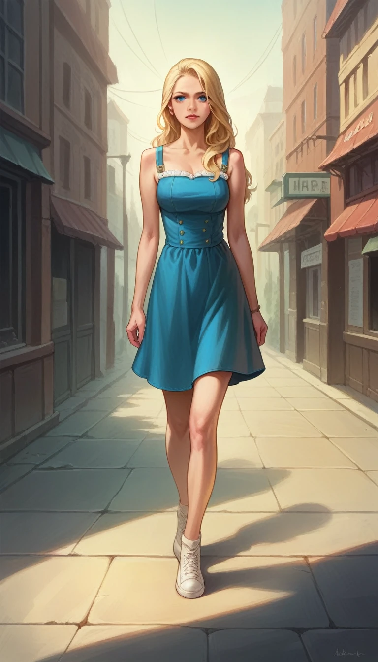 best quality, masterpiece, realistic photo, intricate details, raw photo, ultra detailed, old fashioned young woman, with peasant style dress, no necklines, blonde hair, perfect detailed and blue eyes, walking in an old city, HD quality, 8K, young woman, 20 years old