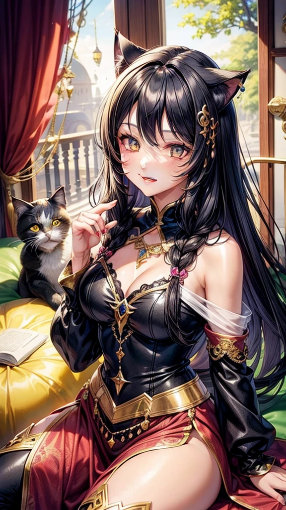 Black blond hair, hazel eyes, older woman, hair jewel ornament, cat ears, long hair, smiling face, bright colors, fantasy clothes, pretty color clothes