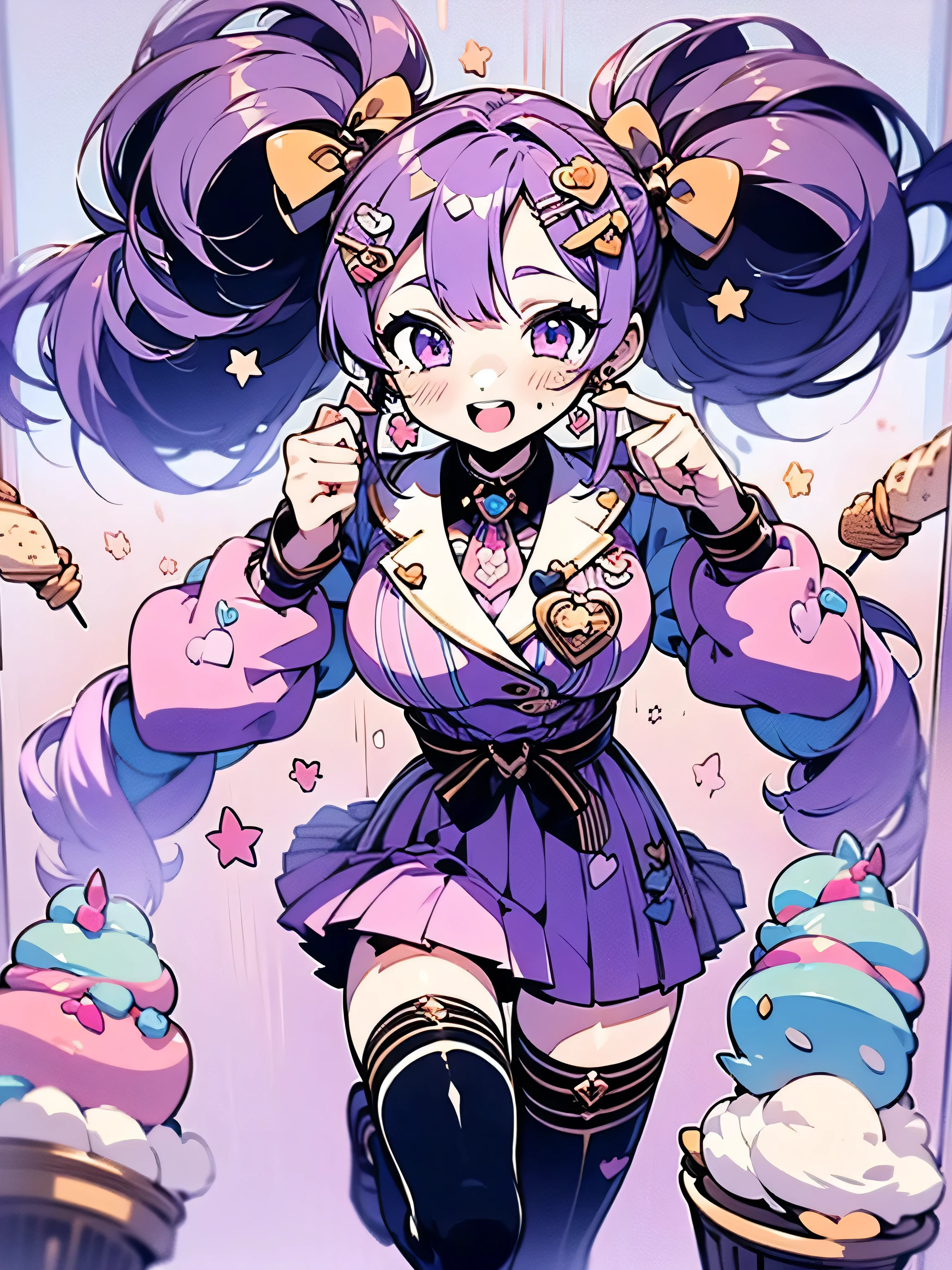 (masterpiece), (HDR), absurdres, (best quality), (ultra high quality), (hi-res), (1girl), (((pastel purple eyes))), beautiful detailed eyes, detailed eyes, teen, (((dark purple hair))), bangs, short side locks, (big thick twintails), (long straight hair), ((two gold hair ties)), (medium breast), skirt, collared shirt, ruffles, sleeve cuffs, ((thighhighs)), (zettai ryouiki), (thin waist), ((thigh gap)), (happy expression), ((open mouth)), halfbody, portrait, ice cream, napolitan flavor, ((color palette: brown, pink, vanilla off-white)), pretty, hearts, sparkles, star effects, bokeh, cute, happy, jumping floating, pattern background, ice cream shop, icecream car, 🍦🍨🍭, tasty trifecta of classic ice cream flavors, decora, hairclips, harajuku fashion outfit, harajuku