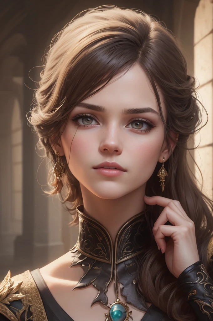 a beautiful detailed portrait of Caitlyn, highly detailed face and eyes, beautiful long eyelashes, elegant expression, intricate detailed hair, beautiful detailed lips, delicate skin, warm lighting, cinematic lighting, dramatic lighting, dramatic composition, dark fantasy, fantasy art, digital painting, concept art, 8k, photorealistic, high resolution, hyper detailed, masterpiece, an14