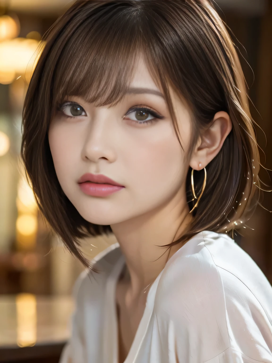 makeup, angry, mullet, hoop earrings, raised eyebrows, half-closed eyes, clenched teeth, ass pov, uhd, anatomically correct, high details, best quality, 8k、One Japanese woman、30 years old、A close-up photo of a face with focus on the face、background:hotel lobby、Focused eyes、Detailed eyes、Detailed face、Light brown hair、White T-shirt、Brown eyes、Very angry、Symmetrical eyes、