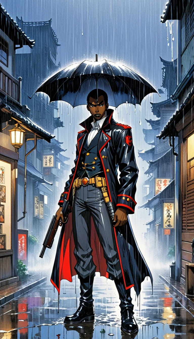 anime character, a skinny black african man as dracula, standing in the rain with a gun in his hand, mouth concealed, By Katsuhiro Otomo, inspired by Masamune Shirow, akira toriyama style, by Masamune Shirow, by amano, By Yoshiyuki Tomino, By Yoshihiko Wada, from akira ( 1 9 8 8 ) style, by Okada Beisanjin