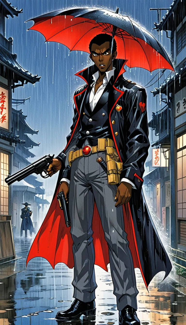 anime character, a skinny black african man as dracula, standing in the rain with a gun in his hand, mouth concealed, By Katsuhiro Otomo, inspired by Masamune Shirow, akira toriyama style, by Masamune Shirow, by amano, By Yoshiyuki Tomino, By Yoshihiko Wada, from akira ( 1 9 8 8 ) style, by Okada Beisanjin