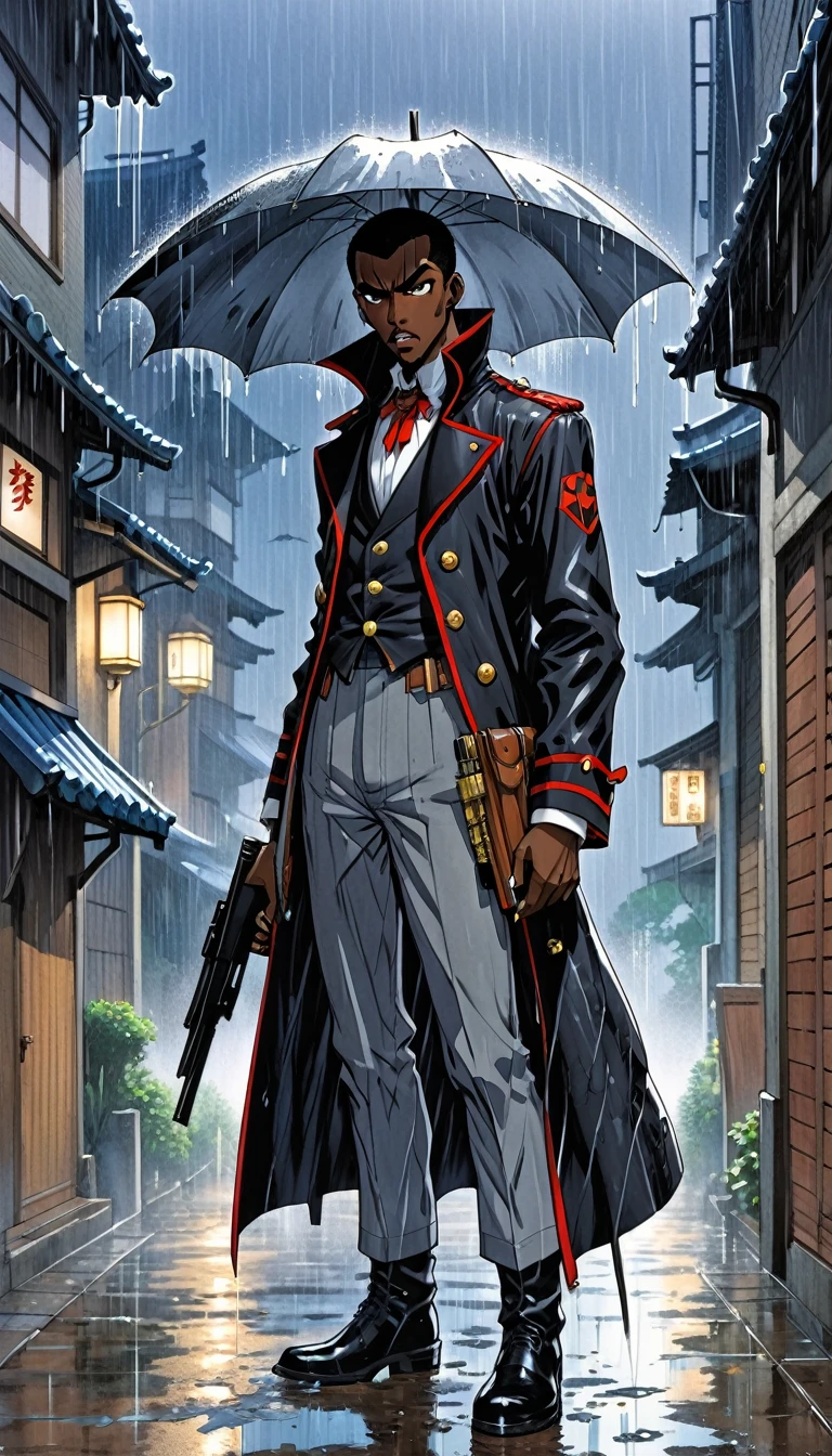 anime character, a skinny black african man as dracula, standing in the rain with a gun in his hand, mouth concealed, By Katsuhiro Otomo, inspired by Masamune Shirow, akira toriyama style, by Masamune Shirow, by amano, By Yoshiyuki Tomino, By Yoshihiko Wada, from akira ( 1 9 8 8 ) style, by Okada Beisanjin