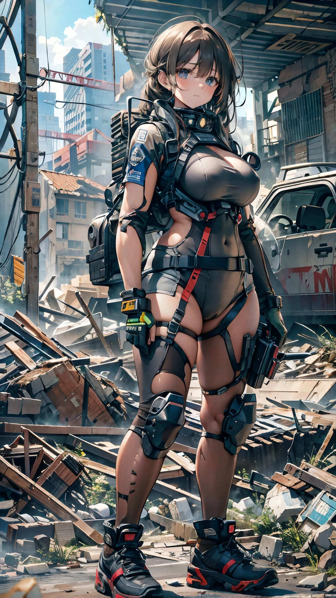 Extremely realistic and detailed image quality、Bust size 40 inchesMcup、Super big breasts、Tight waist、A stunningly beautiful woman crouches down in the shadow of rubble in an abandoned industrial area of the future, aiming a gun、Heavy machinery is abandoned、There are several drones flying in the sky、Torn and broken cyber suit、gas mask
