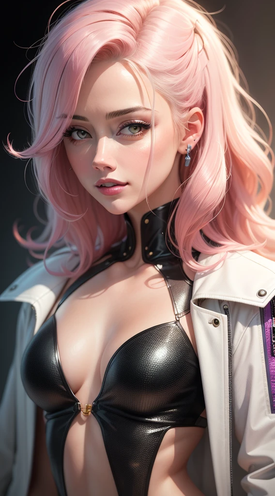 (masterpiece, best quality), intricate details, thin, ((slim)), beautiful AMBER HEARD, Light pink hair, white skin, light purple eyes, sharp jawline, cropped jacket, messy hair, lips, upper body, close up, smirk