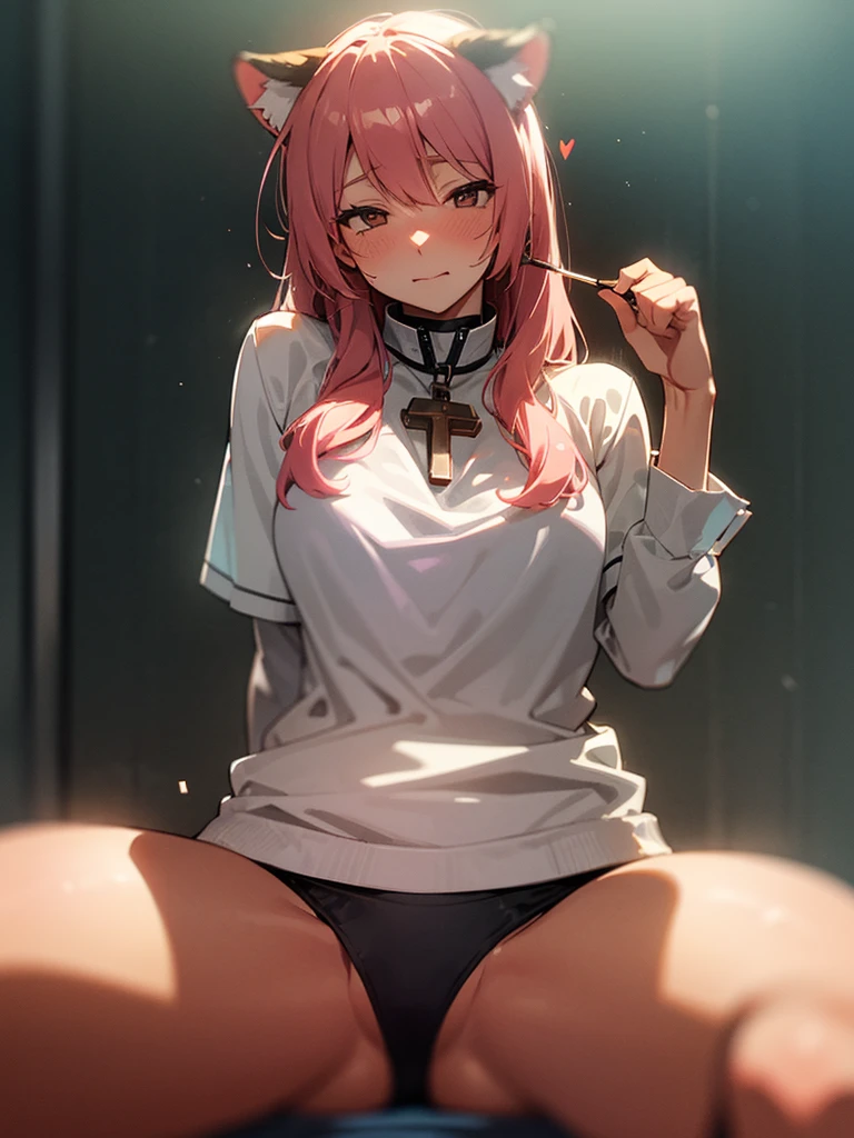 (Sumilux f1.4 50mm , low Latitude old color negative film , cross process , bokeh, flare, chromatic aberration , soft focus, (Shallow focus) , soft glow , Maximum aperture, low Key , Transparent depiction)  , hentai comic style ,  kawaii coquettish tomboyish tiger girl , wide open shackle clothes , In the messy dirty cage , heart is beating fast with anticipation , training to be lovey-dovey pet