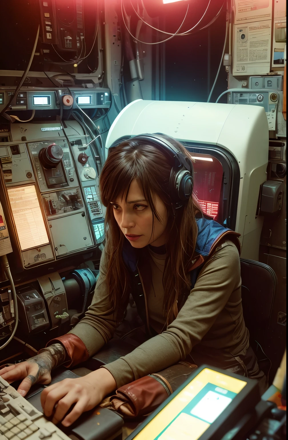 worn-down computer control panels surrounding an adult woman in dirty clothes sitting in a starship, creating a hyperpunk scene with desaturated dark red and blue details, colorful (polaroid:0.7) with vibrant colors, (vacations, high resolution:1.3), (small, selective focus, european film:1.2), (sexual advance:1.1), closeup