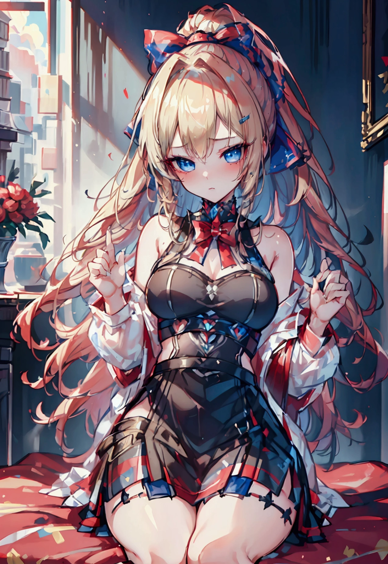 masterpiece, ultra high quality CG, best quality, perfect picture, solo, lidia sobieska (tekken, blonde hair with high ponytail, blue eyes, red hairbow, strong), wearing a sexy karate outfit, sitting on the bed, looking sideways, blushing, shoulders showing, in a European mansion