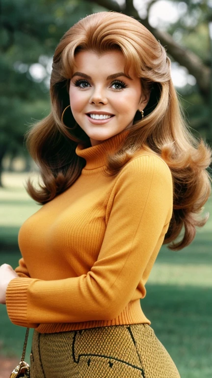 Ann-Margret dressed in seasonal clothes and smiling