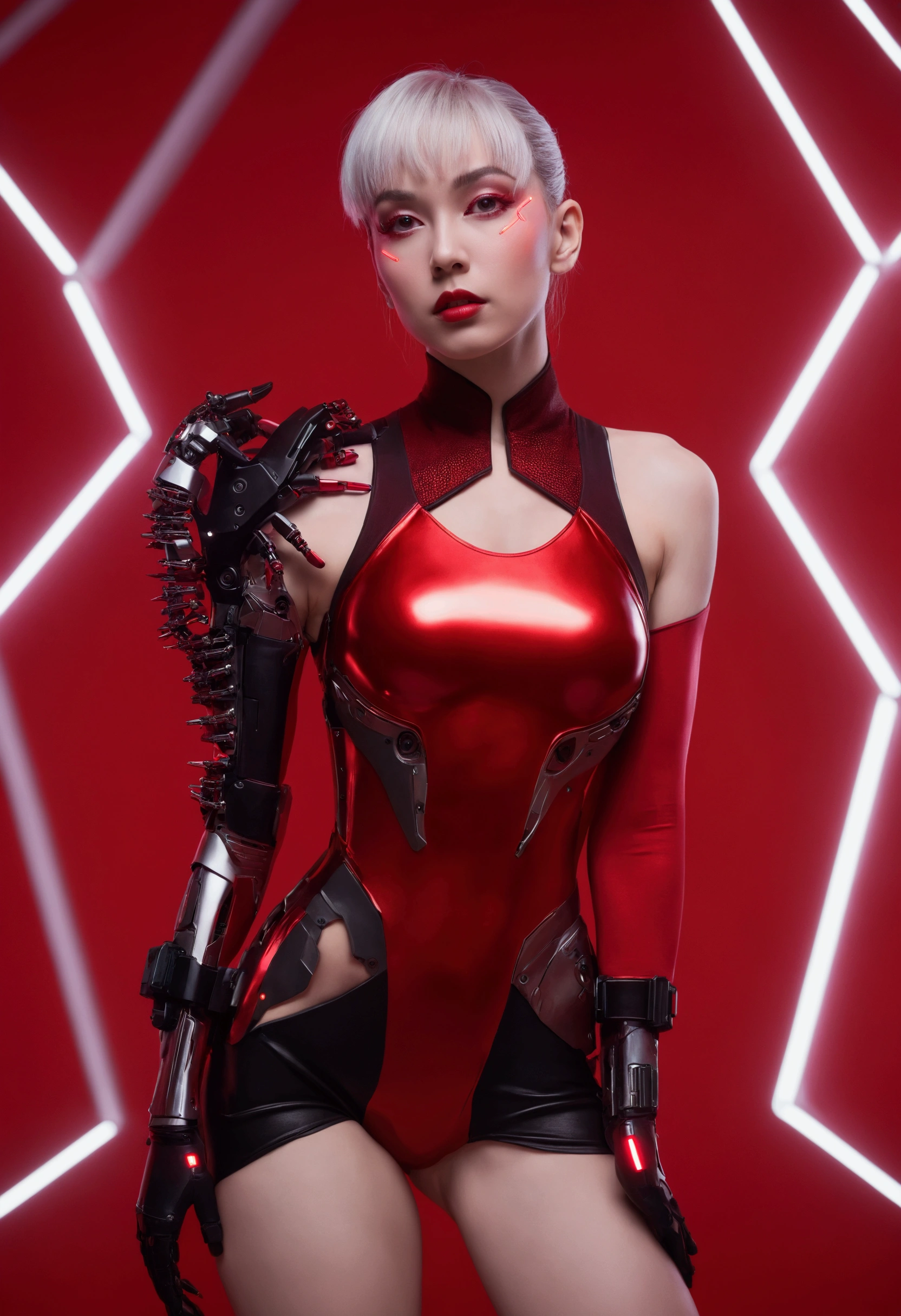 Cyborg woman wearing a futuristic leotard posing for a photo, high waisted leotard, cyberpunk outfit, red minimalistic background, darksynth aesthetic, red neon lights, robotic parts, perfect body, ultra detailed.