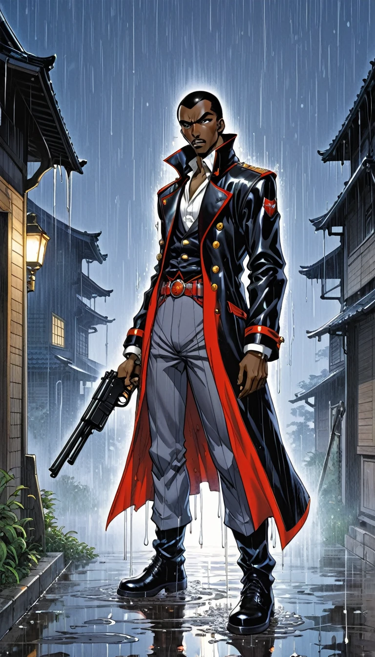 anime character, a skinny black african man as dracula, standing in the rain with a gun in his hand, mouth concealed, By Katsuhiro Otomo, inspired by Masamune Shirow, akira toriyama style, by Masamune Shirow, by amano, By Yoshiyuki Tomino, By Yoshihiko Wada, from akira ( 1 9 8 8 ) style, by Okada Beisanjin