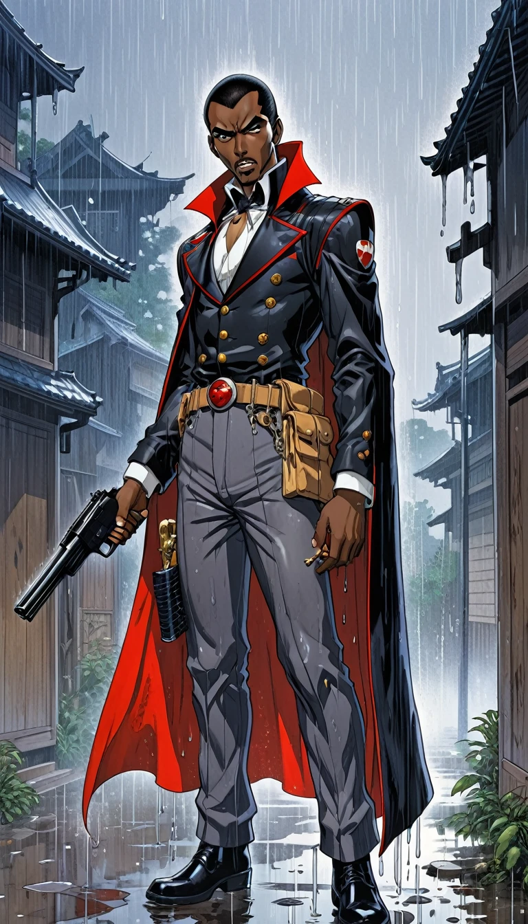 anime character, a skinny black african man as dracula, standing in the rain with a gun in his hand, mouth concealed, By Katsuhiro Otomo, inspired by Masamune Shirow, akira toriyama style, by Masamune Shirow, by amano, By Yoshiyuki Tomino, By Yoshihiko Wada, from akira ( 1 9 8 8 ) style, by Okada Beisanjin